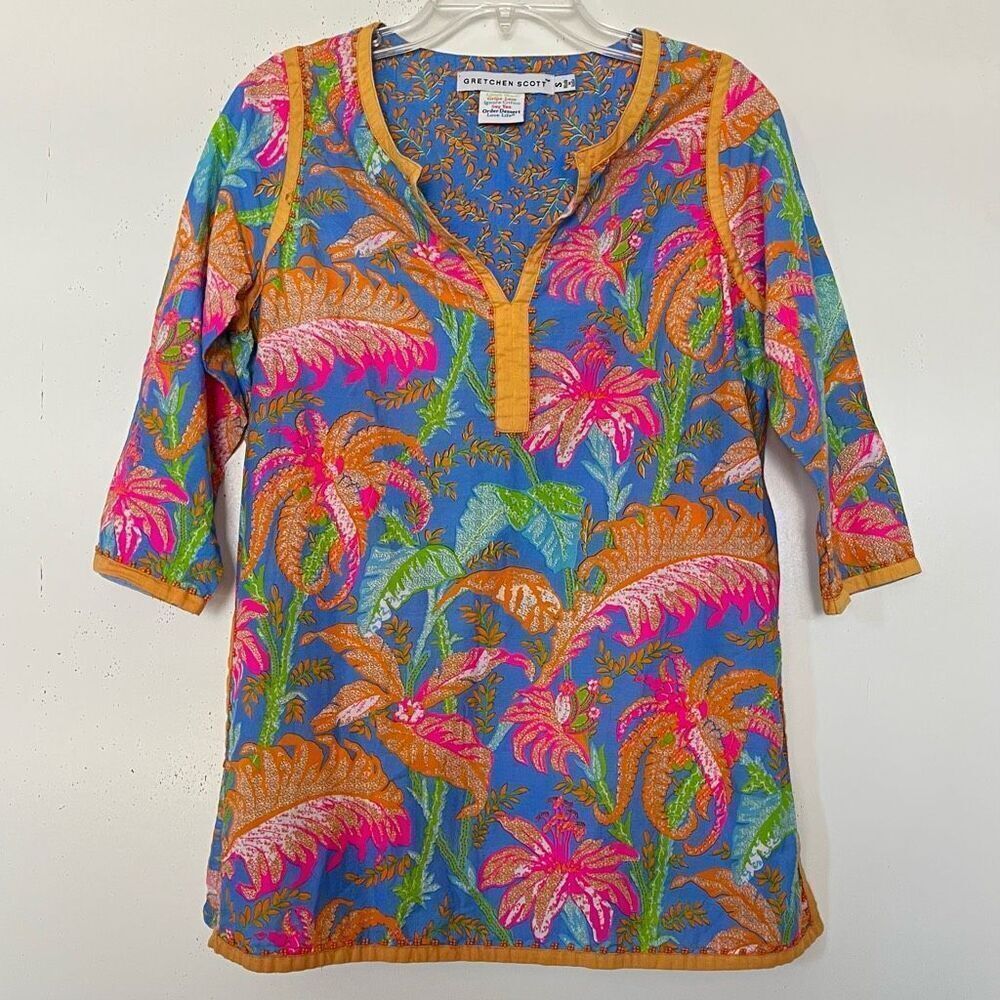 Gretchen Scott Beaded Floral Tunic Small Colorful Tropical Print V Neck Blouse